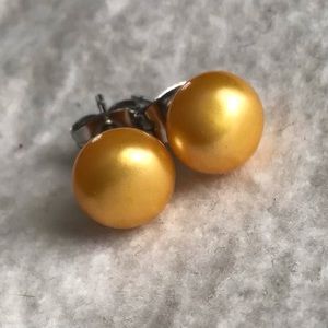 Gold Freshwater Pearl Stud Earrings in Stainless Steel